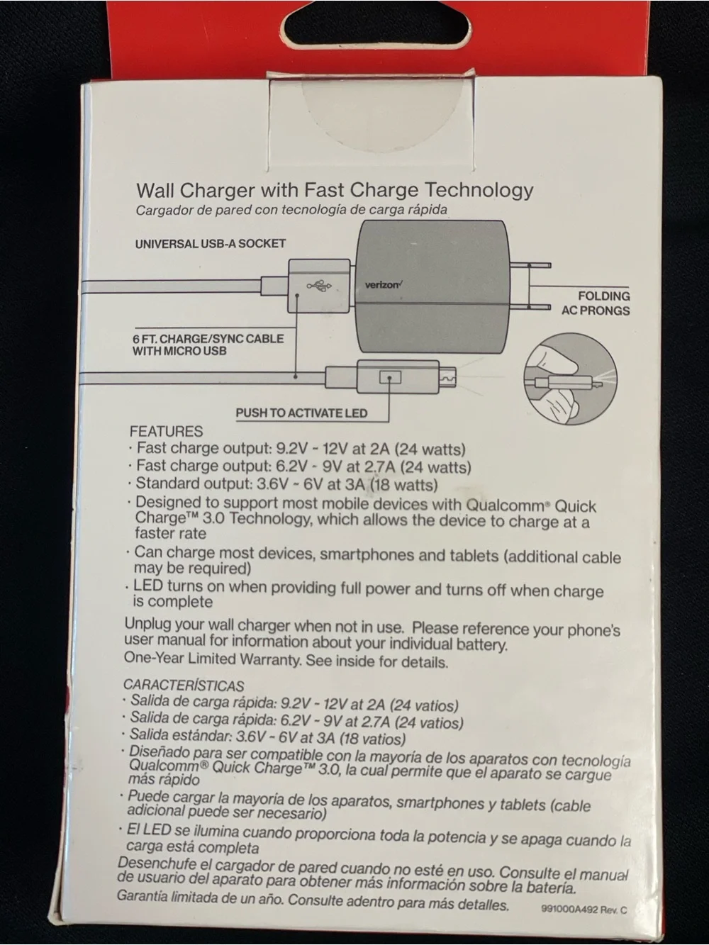 Verizon Black Wall Charger with Fast Charge Technology